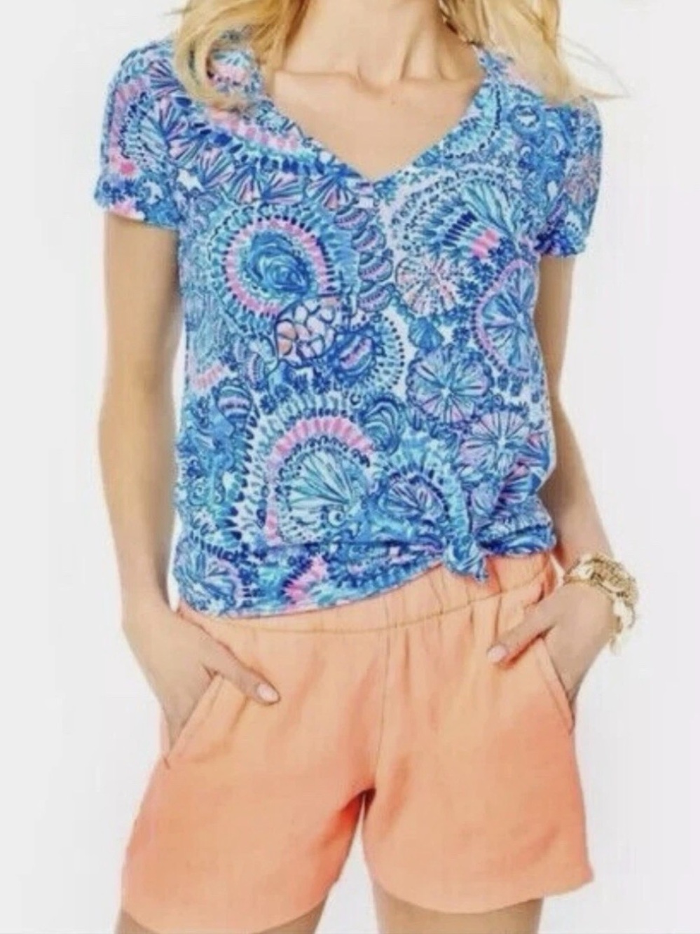 New Lilly Pulitzer Etta V-Neck Top Blue Grotto Commotion In The Ocean, Large